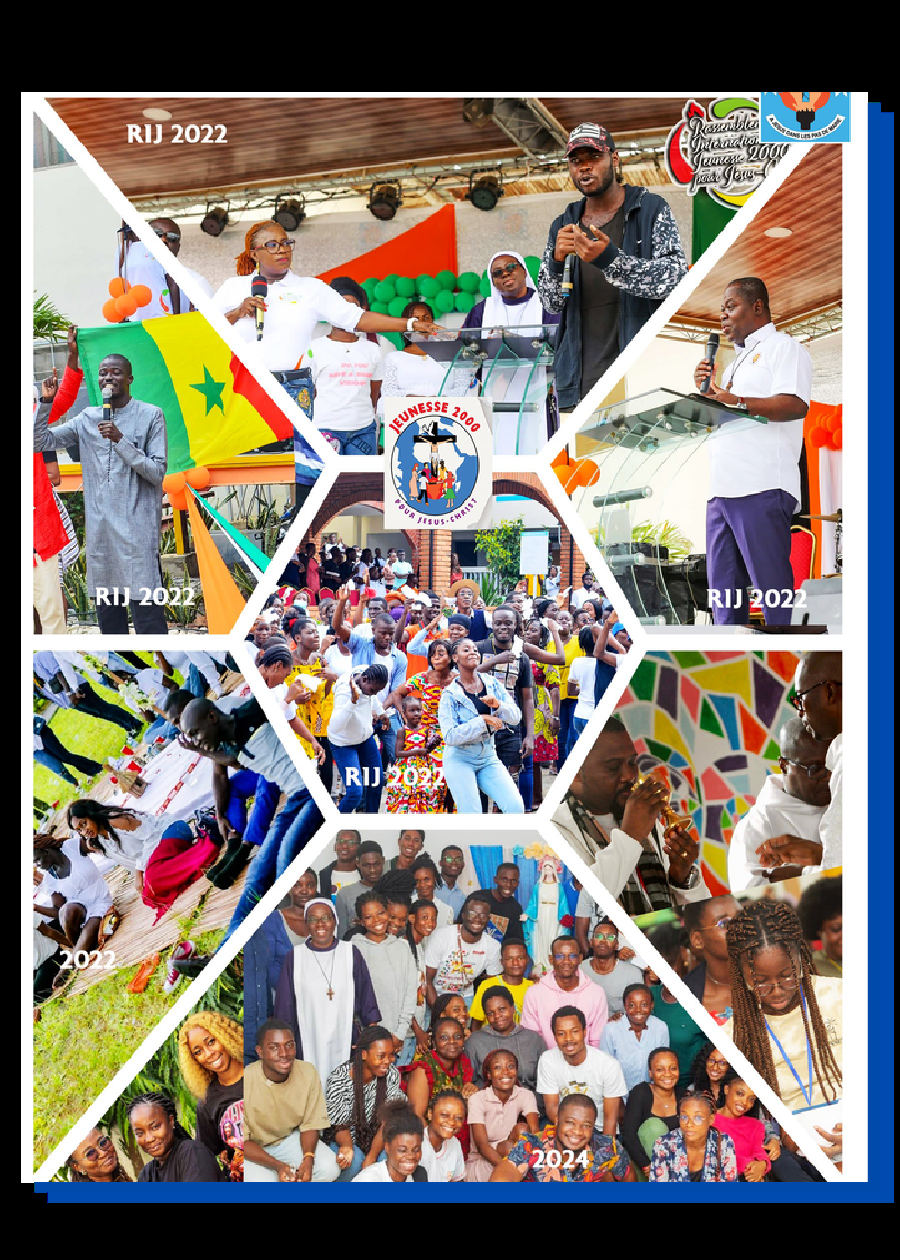 Montage photographique des rassemblements de 2022 et 2024 : louange, prise de parole, assemblée de jeunes et messe